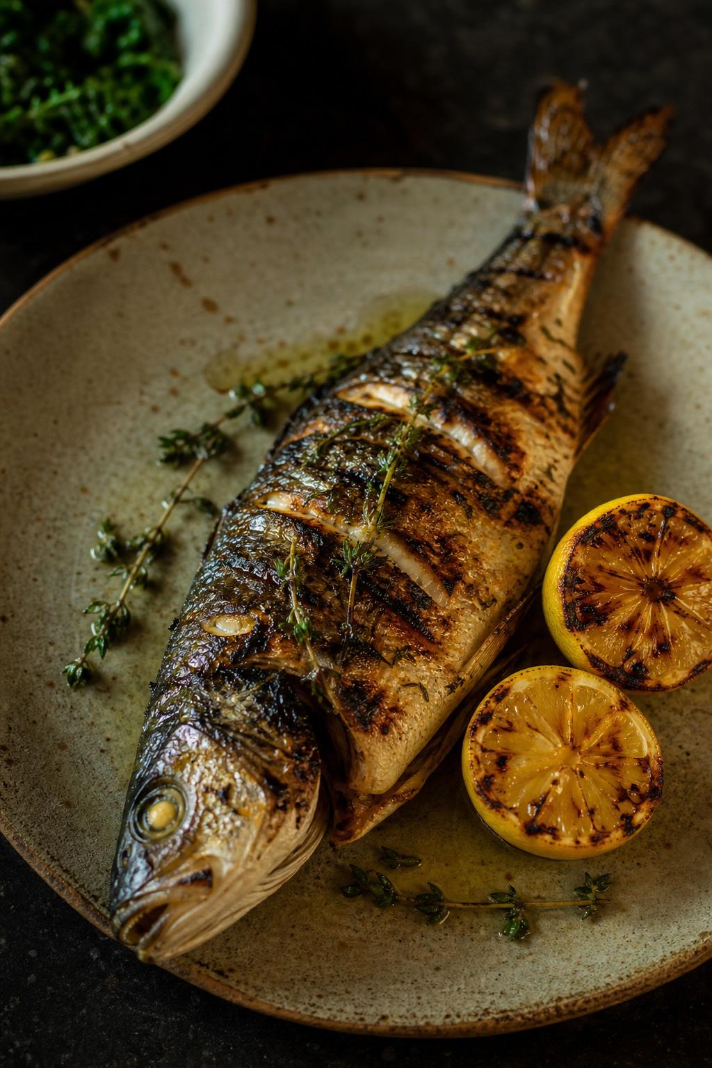 Charcoal-grilled sea bass